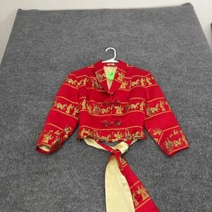Vintage Dynasty Jacket Womens 12 Red Silk Chariot Print Cropped Asian Style